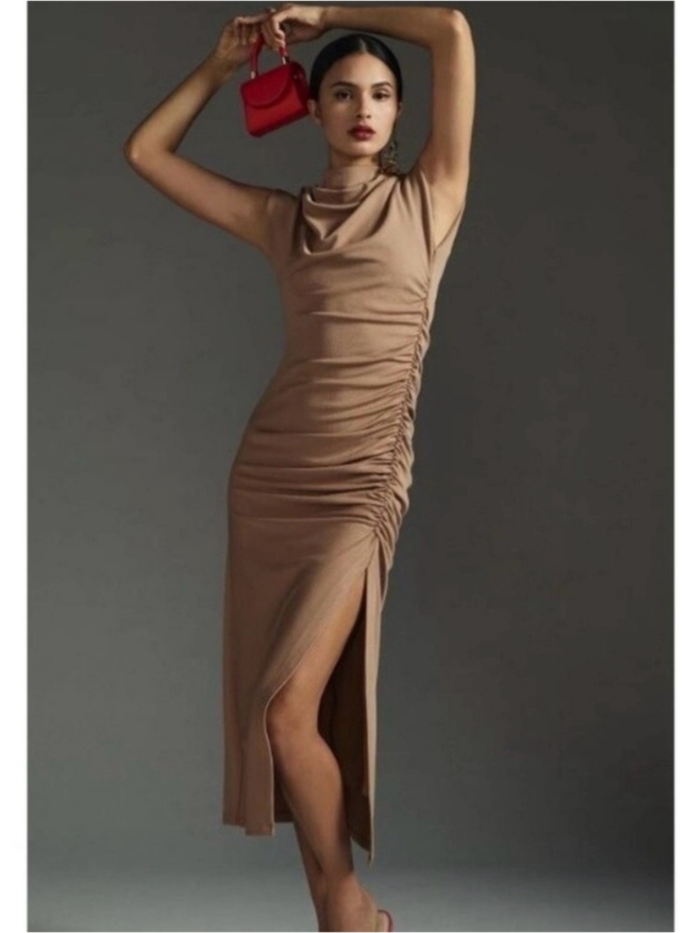 Anthropologie Maya Ruched Cowl Neck Midi Dress in Camel